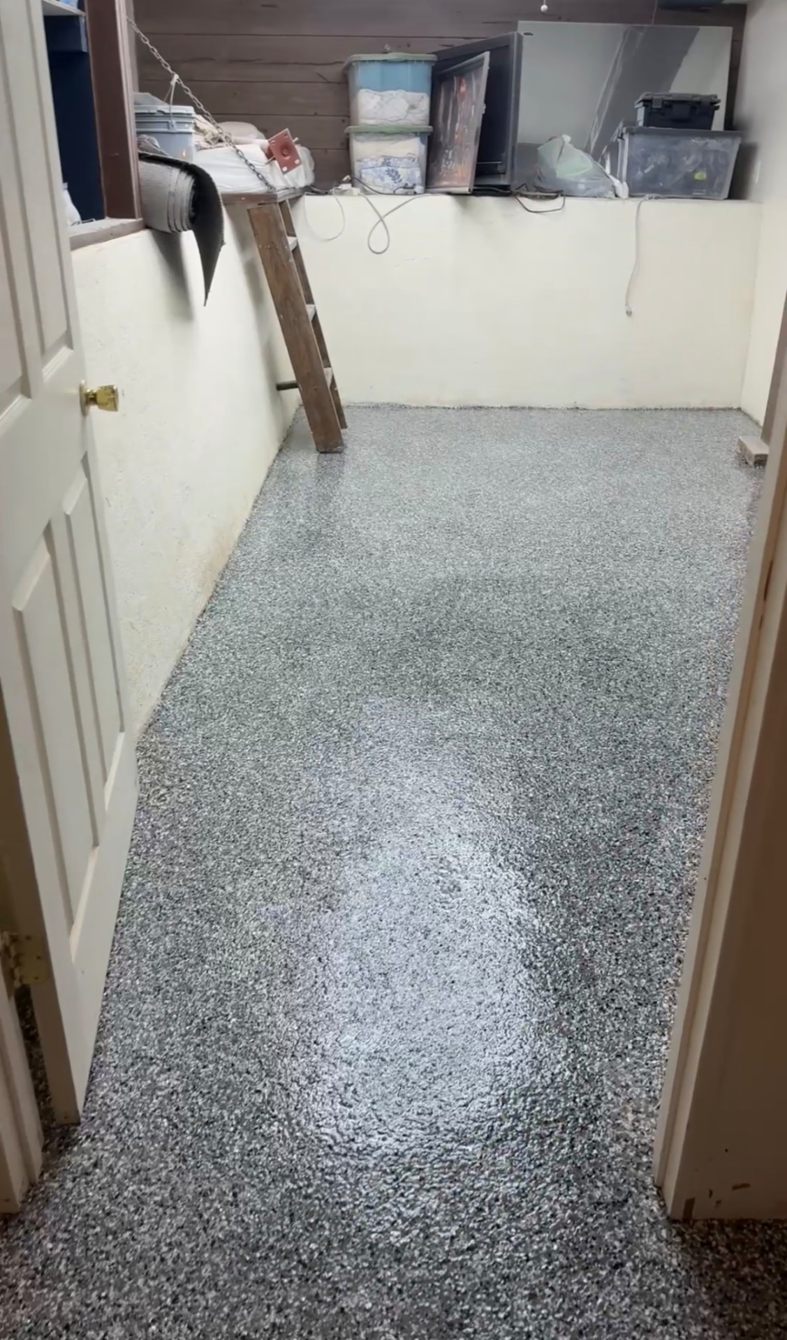 Finished floor: Gray Flake Garage & Storage Floor — Finished gray flake garage floor with an even satin-gloss finish